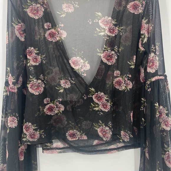 Bongo sheer romantic roses faux wrap blouse Gothic wide bell sleeve large - Picture 15 of 16